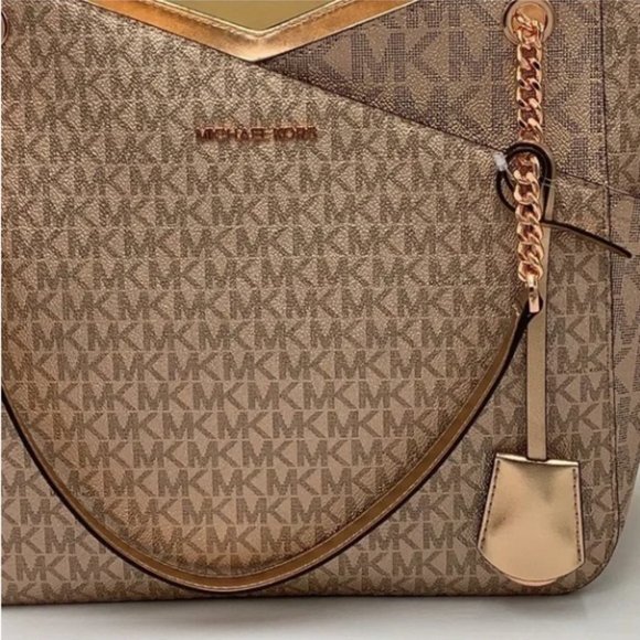 MICHAEL KORS LARGE X CHAIN SHOULDER TOTE BAG ROSE GOLD COLOR SIGNATURE - Picture 10 of 16